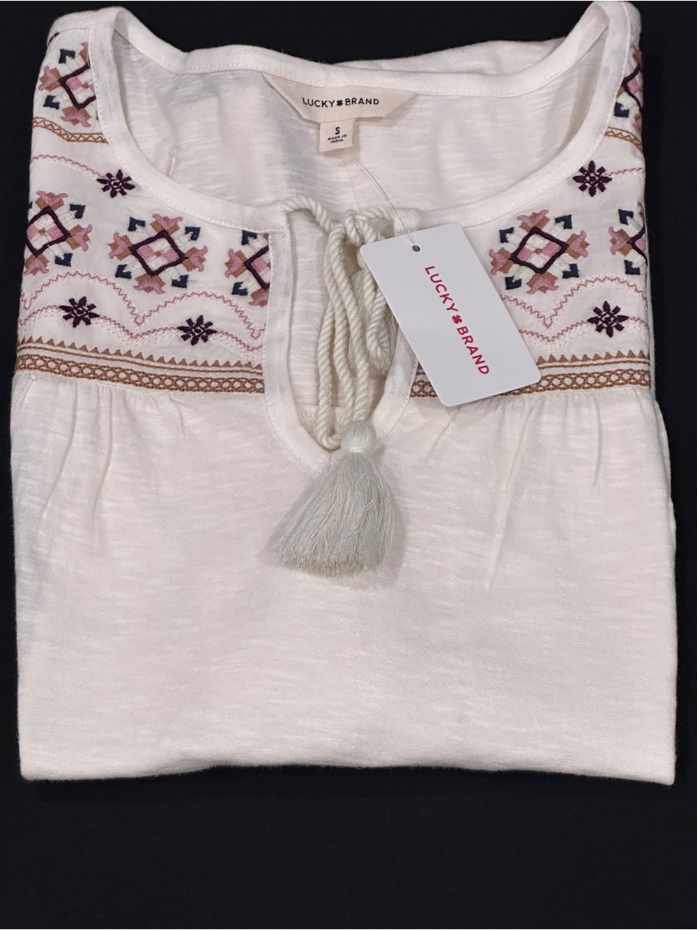 Lucky Brand White Embroidered Tassel Peasant Tunic